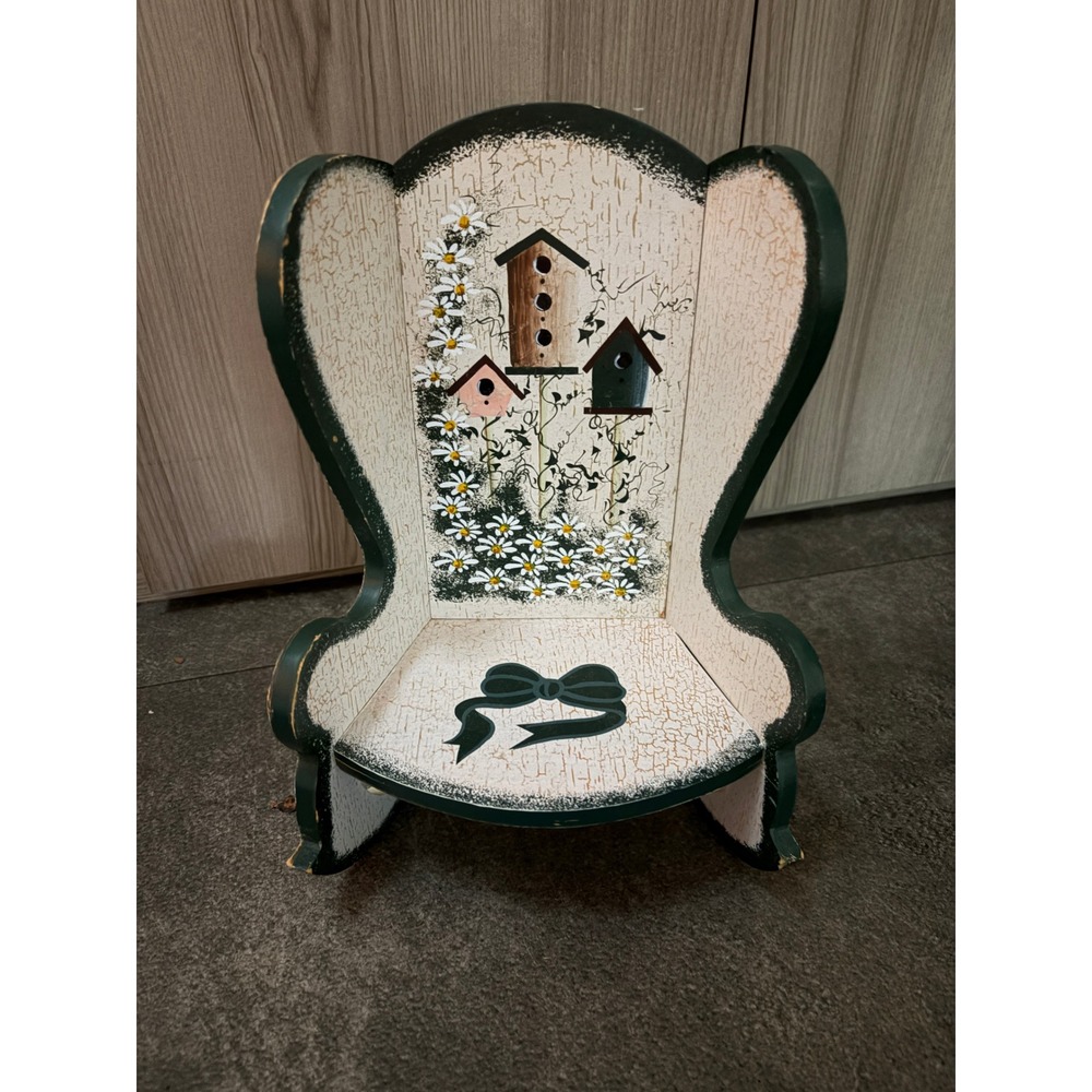Handmade Wood Doll Rocking Chair Birdhouse Daisy Crackle Paint Country Folk Art